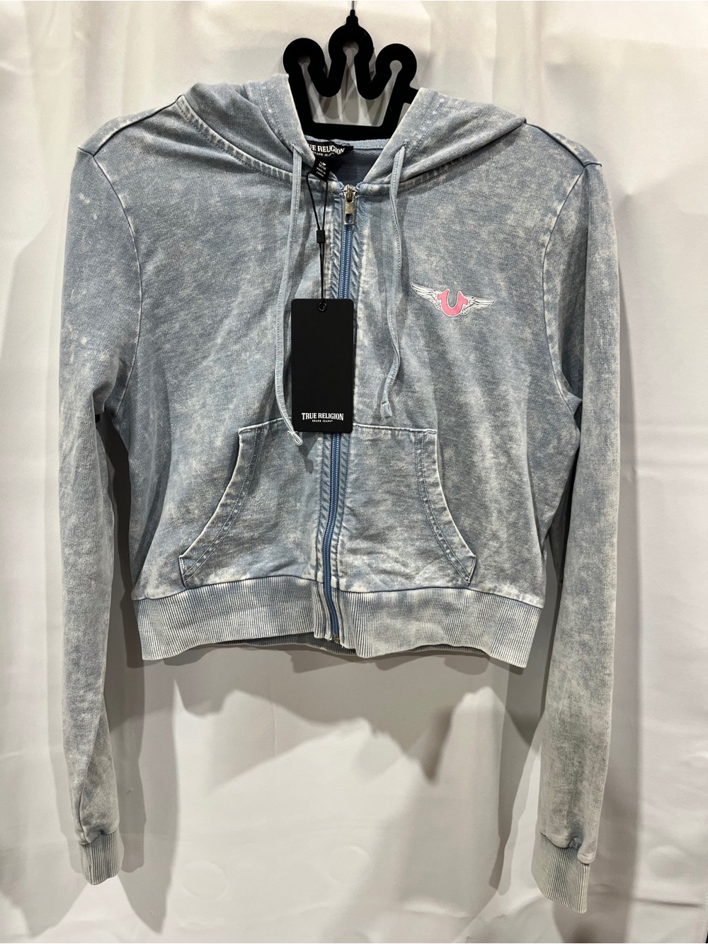 True Religion Hoodie Women's M Horseshoe Wing Faux Full Zip Denim-Look Fabric - Picture 6 of 10
